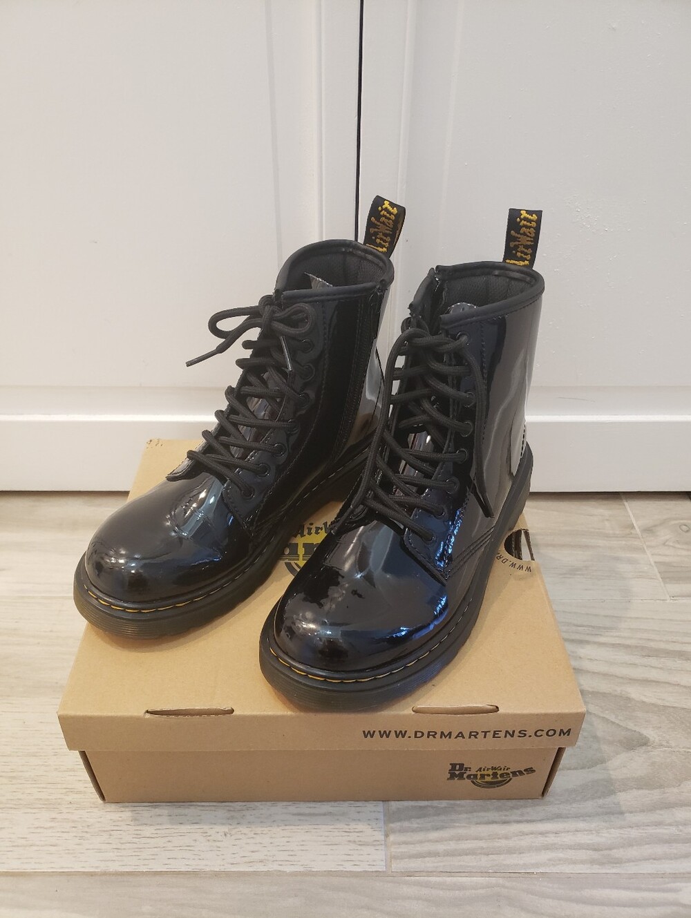 Dr. Martens Kids Black Patent 1460 J Boots (Box Shown)